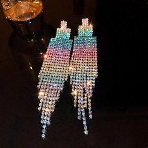 🍏50% OFF/3+...Colorful Rhinestone Tassel Earrings (Rainbow)